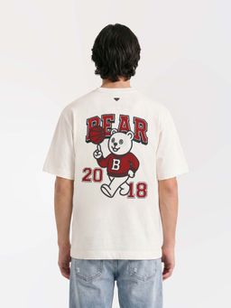 The Bear House - Off White Cotton Crew Neck Half Sleeves Printed T-Shirt