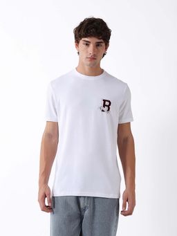 The Bear House - White Cotton Crew Neck Half Sleeves Solid T-Shirt