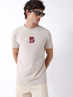 The Bear House - Beige Cotton Crew Neck Half Sleeves Solid T-Shirt