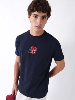 The Bear House - Blue Cotton Crew Neck Half Sleeves Solid T-Shirt