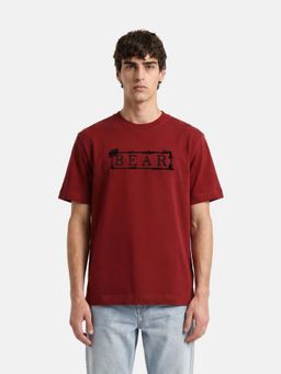 The Bear House - Maroon Cotton Crew Neck Half Sleeves Typography T-Shirt