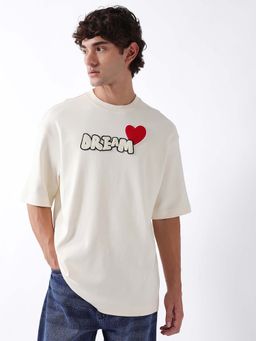 The Bear House - Off White Cotton Crew Neck Half Sleeves Typography T-Shirt