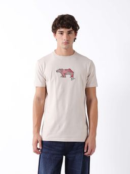 The Bear House - Beige Cotton Crew Neck Half Sleeves Embroidered T-Shirt