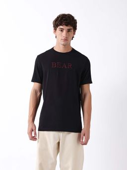 The Bear House - Black Cotton Crew Neck Half Sleeves Embroidered T-Shirt