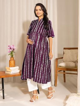 Janasya - Womens Wine Pure Cotton Geometric Printed A-Line Maternity Kurta