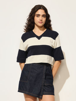 ONLY - White Colour Blocked V-Neck T-Shirt