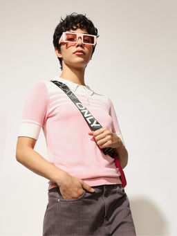 ONLY - Pink Knitted Colour Blocked Polo
