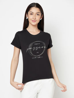Cantabil - Women Black Printed Round Neck Casual T-Shirt