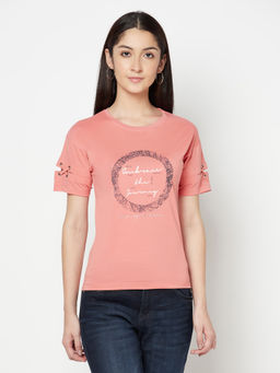 Cantabil - Women Coral Printed Round Neck Casual T-Shirt