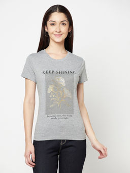 Cantabil - Women Grey Printed Round Neck Casual T-Shirt