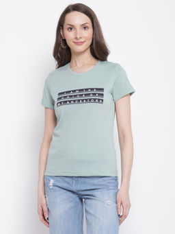 Cantabil - Women Green Printed Round Neck Casual T-Shirt
