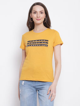 Cantabil - Women Mustard Printed Round Neck Casual T-Shirt