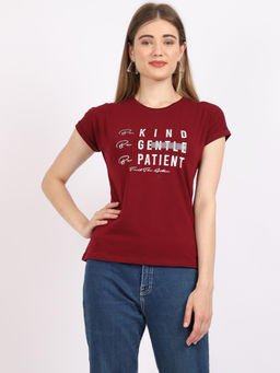 Cantabil - Women Wine Printed Round Neck Casual T-Shirt