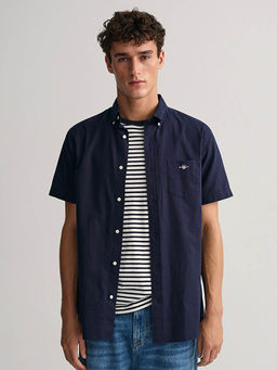GANT - Men Navy Blue Solid Collar Short Sleeves Casual Shirt