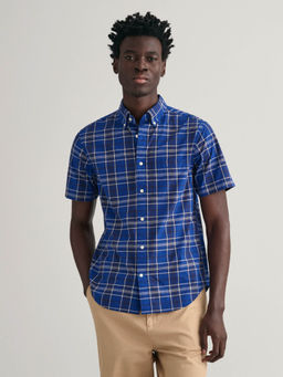 GANT - Men Blue Checked Collar Short Sleeves Casual Shirt