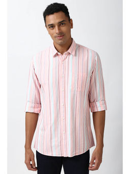 Peter England - Men Pink Slim Fit Stripe Casual Shirt