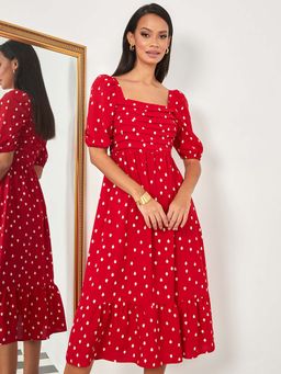Styli - Red Short Puff Sleeves Polka Dot A-line Midi Dress With Pleats