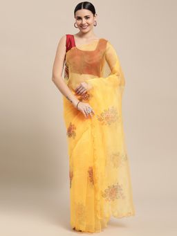 Vastranand - Yellow Hand Printed Floral Party Wear Saree with Unstitched Blouse