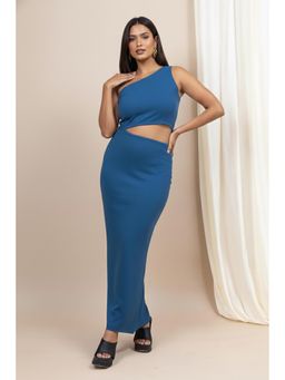 Mamicha - Lune Light One Shoulder Bodycon Blue Dress With Slit