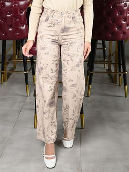 Odette - Beige Denim Floral Printed Pant
