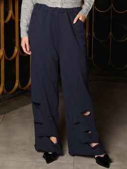 Odette - Navy Blue Knit Fabric Solid Pant