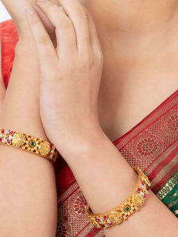 Niscka - Gold Plated Stone Bangle Pair with Green & Purple Stones (2.6)