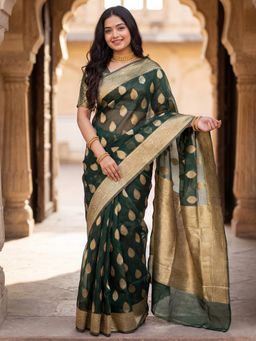 Akhilam - Green Zari Woven Saree with Unstitched Blouse