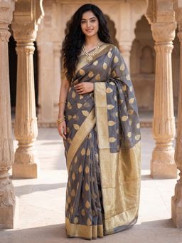 Akhilam - Grey Zari Woven Saree with Unstitched Blouse