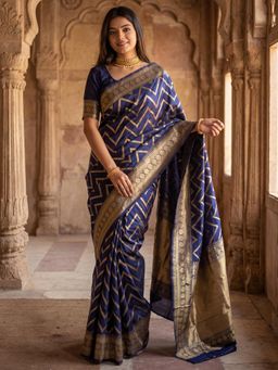 Akhilam - Navy Blue Zari Woven Saree with Unstitched Blouse