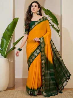 Akhilam - Yellow Tassels Ombre Saree with Unstitched Blouse