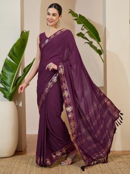 Akhilam - Wine Tassels Woven Saree with Unstitched Blouse
