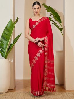 Akhilam - Red Tassels Woven Saree with Unstitched Blouse