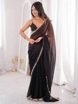 Akhilam - Black Lace Work Ombre Saree with Unstitched Blouse