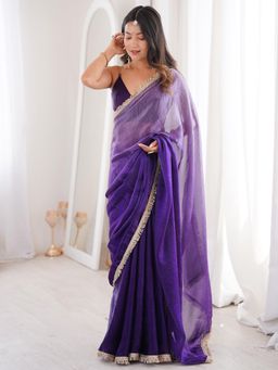 Akhilam - Purple Lace Work Ombre Saree with Unstitched Blouse