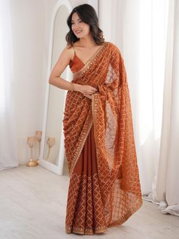 Akhilam - Rust Embellished Saree with Unstitched Blouse
