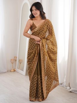 Akhilam - Olive Embellished Saree with Unstitched Blouse