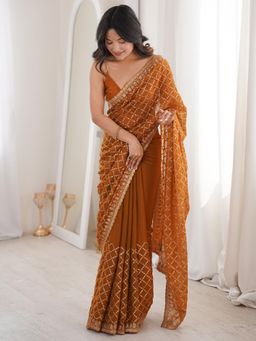 Akhilam - Bronze Embellished Saree with Unstitched Blouse