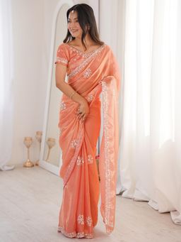 Akhilam - Peach Embellished Saree with Unstitched Blouse