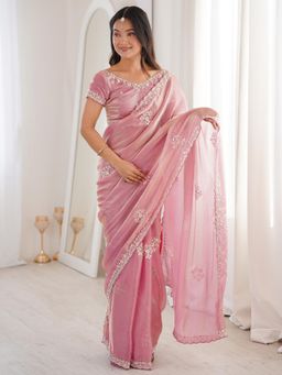 Akhilam - Pink Embellished Saree with Unstitched Blouse