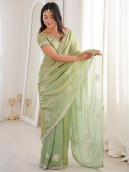 Akhilam - Green Embellished Saree with Unstitched Blouse