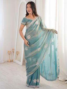 Akhilam - Blue Embellished Saree with Unstitched Blouse
