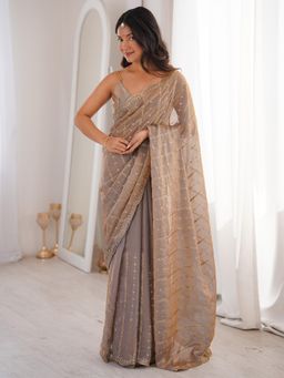 Akhilam - Beige Embellished Saree with Unstitched Blouse