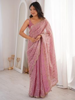 Akhilam - Pink Embellished Saree with Unstitched Blouse