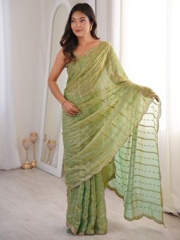 Akhilam - Green Embellished Saree with Unstitched Blouse