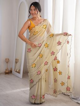 Akhilam - Cream Embellished Floral Saree with Unstitched Blouse