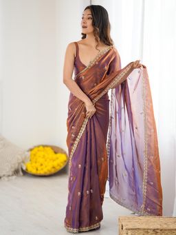 Akhilam - Copper Embellished Saree with Unstitched Blouse