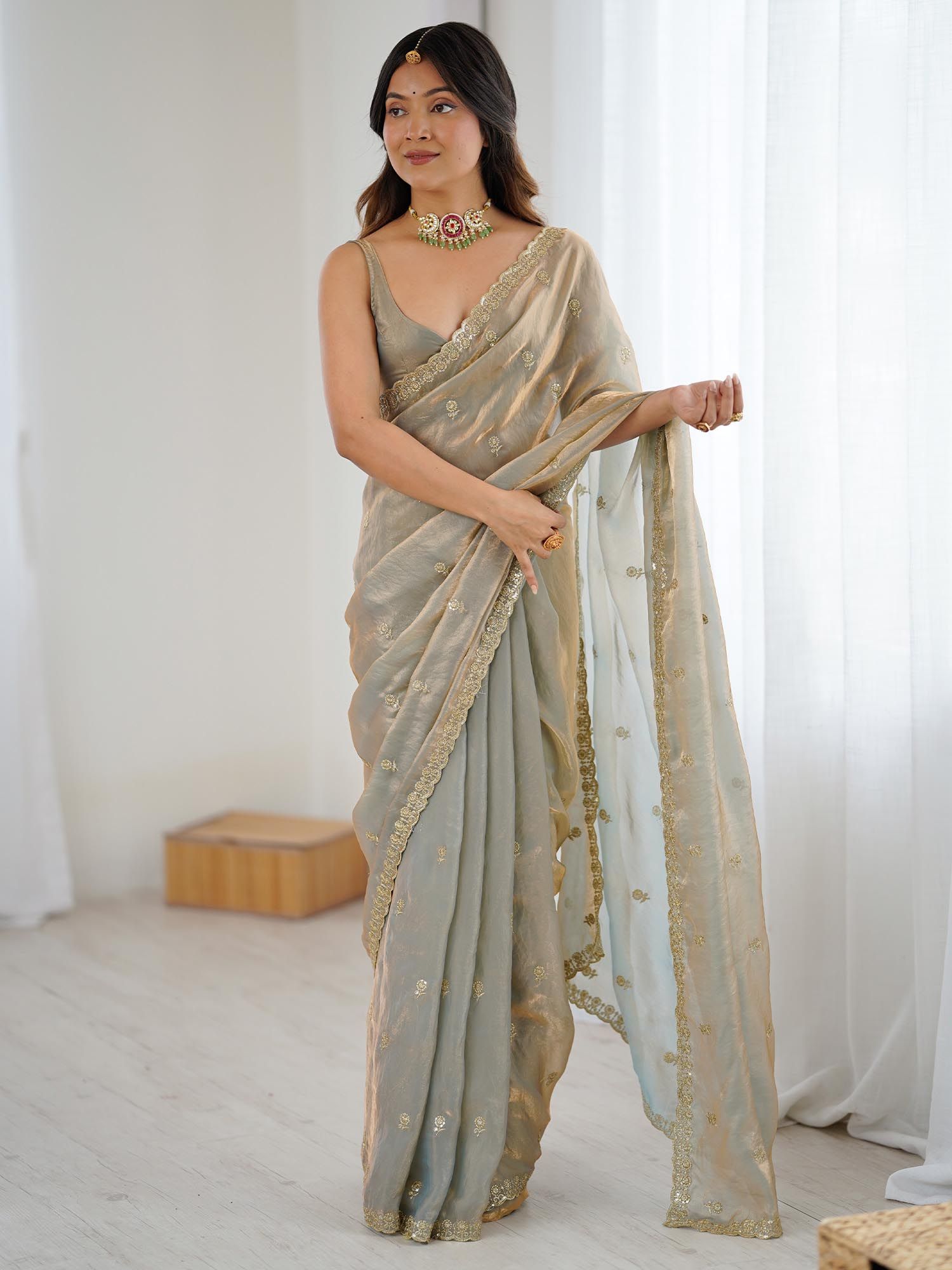 Gold Embellished Saree with Unstitched Blouse-image-4