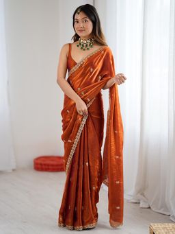 Akhilam - Rust Embellished Saree with Unstitched Blouse