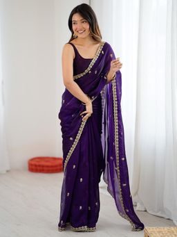 Akhilam - Purple Embellished Saree with Unstitched Blouse