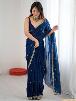 Akhilam - Teal Embellished Saree with Unstitched Blouse